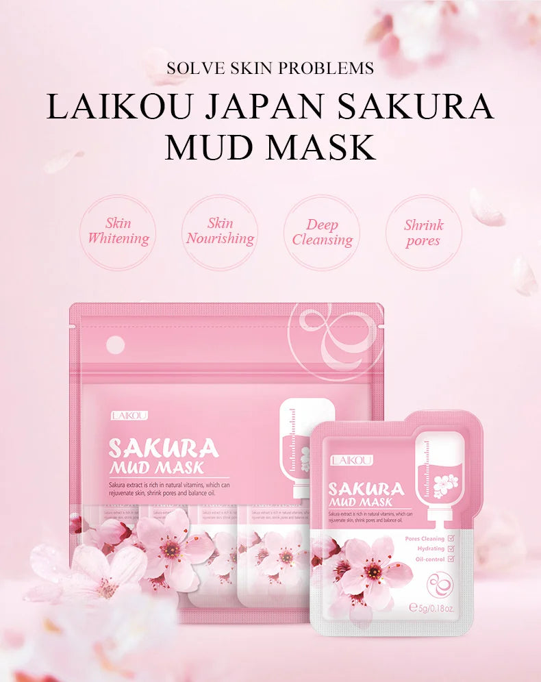 5pcs LAIKOU Japan Sakura Mud Face Mask Anti Wrinkle Night Facial Packs Skin Clean Dark Circle Moisturize Anti-Aging For Facecare