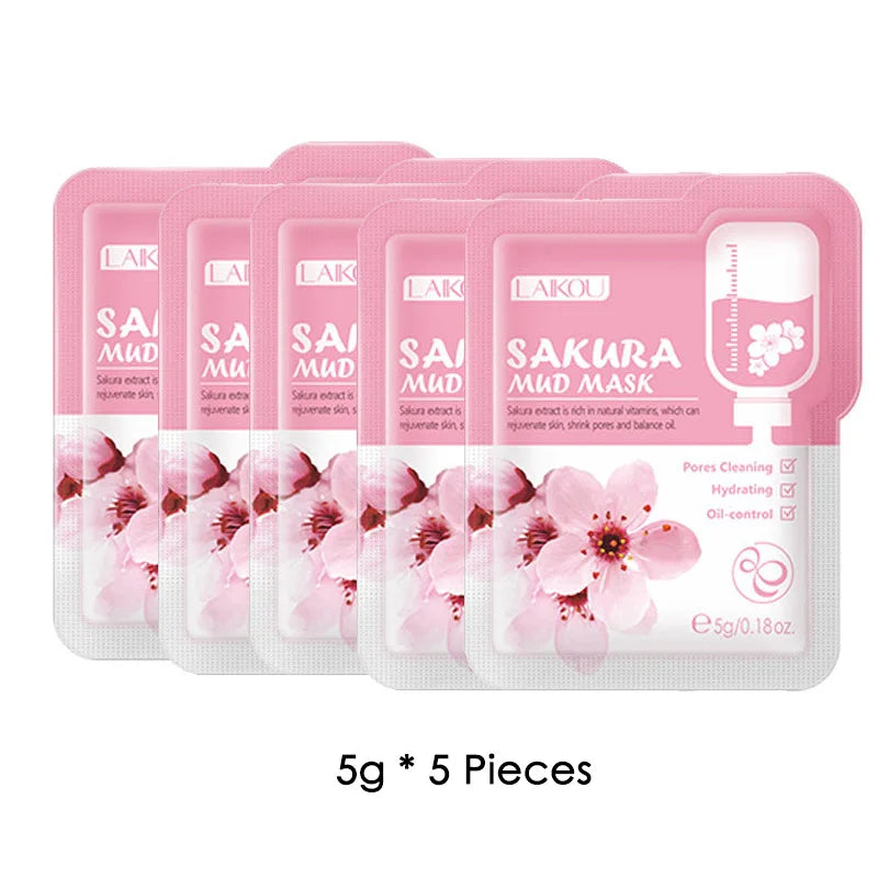 5pcs LAIKOU Japan Sakura Mud Face Mask Anti Wrinkle Night Facial Packs Skin Clean Dark Circle Moisturize Anti-Aging For Facecare